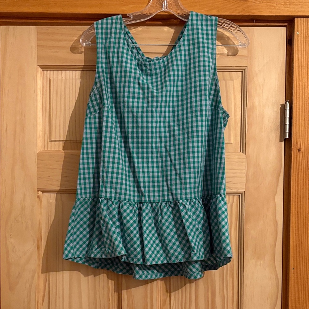 J. Crew Green Checkered Peplum Blouse